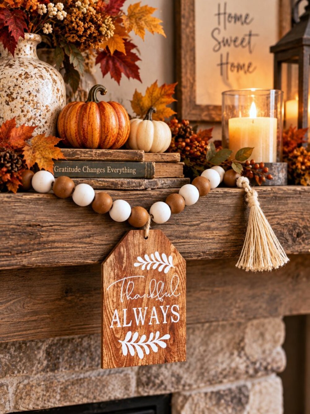 Thankful Always Wood Bead Garland Tassel Fall Thanksgiving Farmhouse Home Décor - Picture 3 of 3